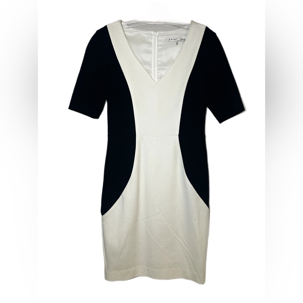 Trina Turk Womens Short Sleeve Zip Colorblock Fitted Pencil Dress White Size 4